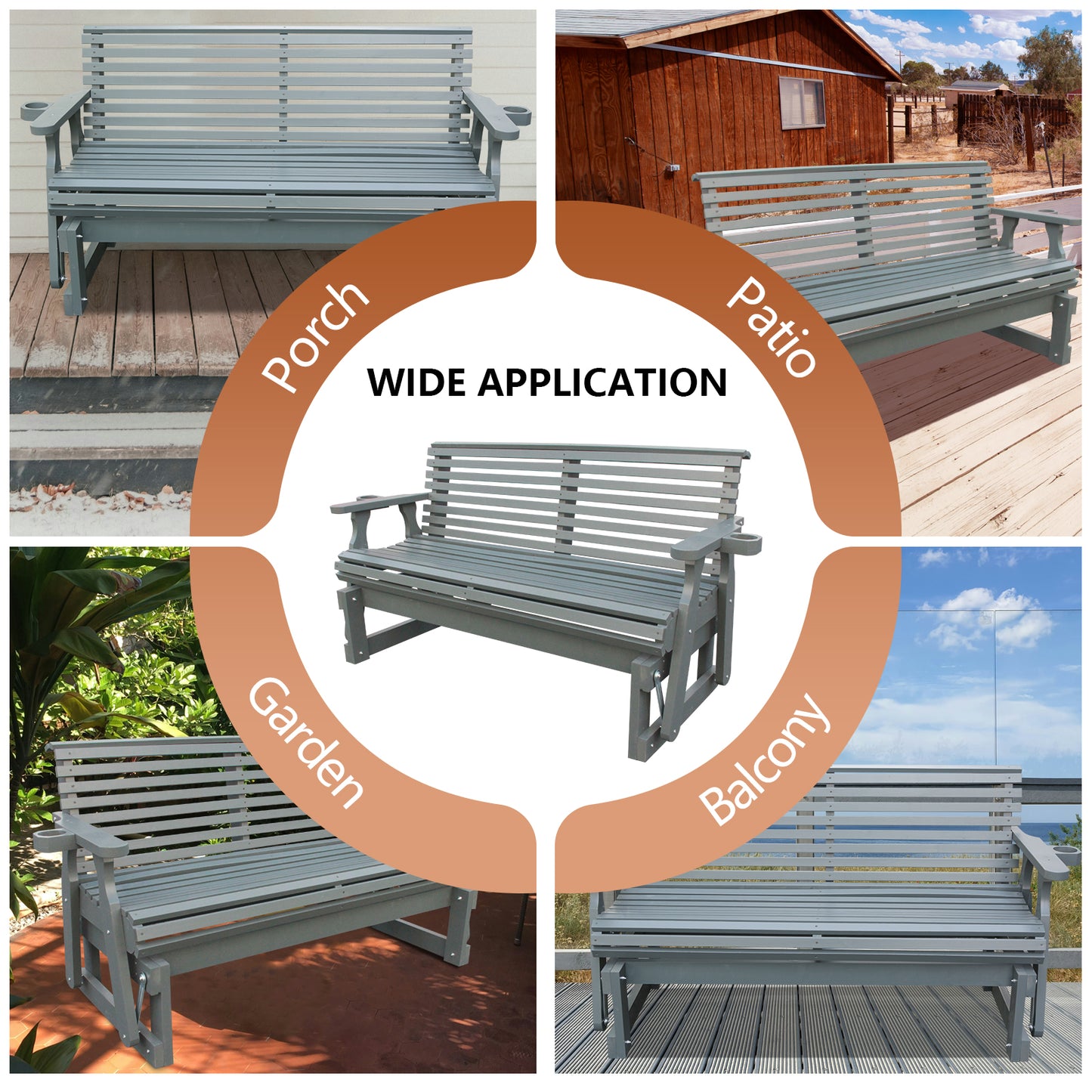 5FT Outdoor Glider Bench, 2-Seater Wooden Chair for Patio, Balcony, Porch, Gray