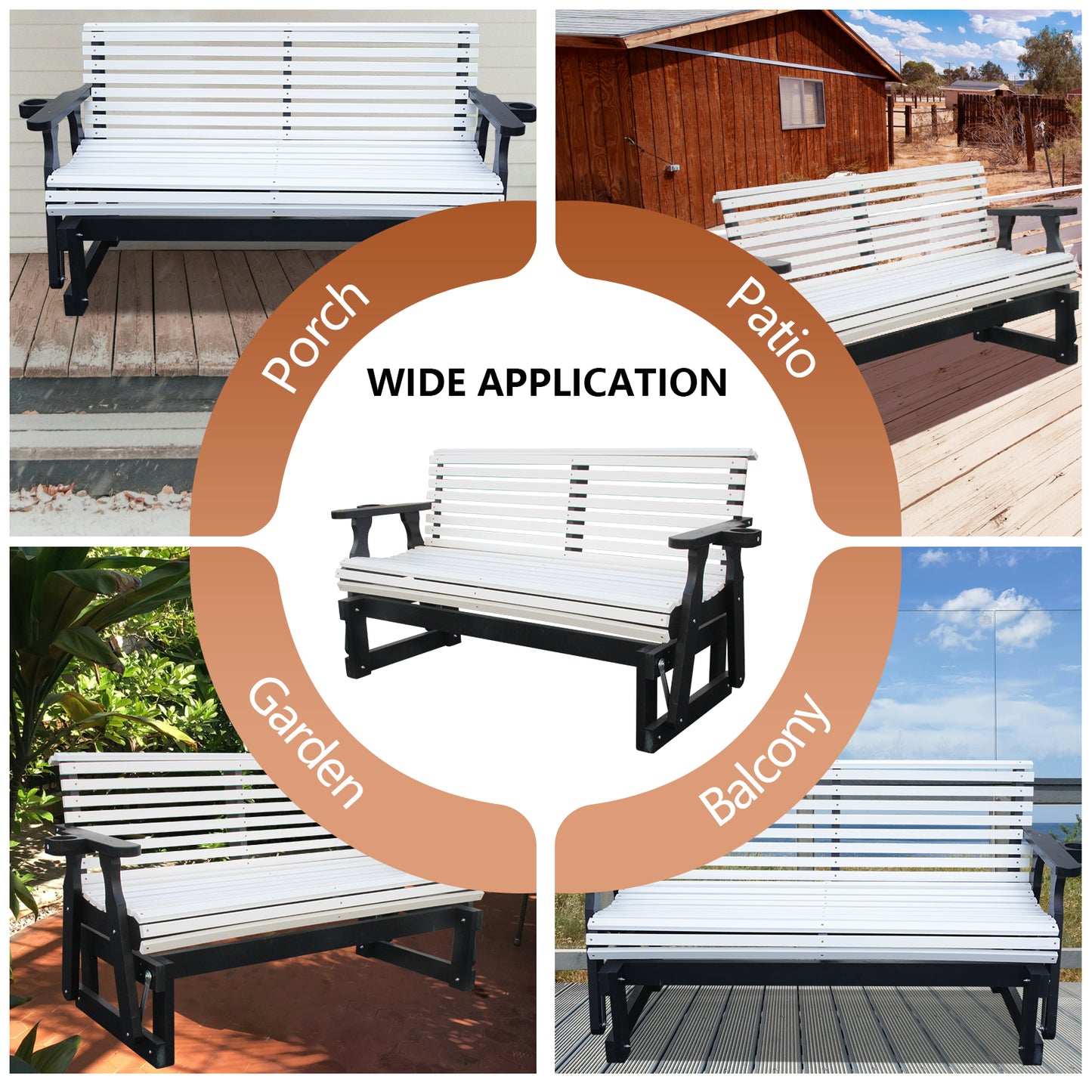5FT Outdoor Glider Bench, 2-Seater Wooden Chair for Patio, Balcony, Porch, White and Dark Grey