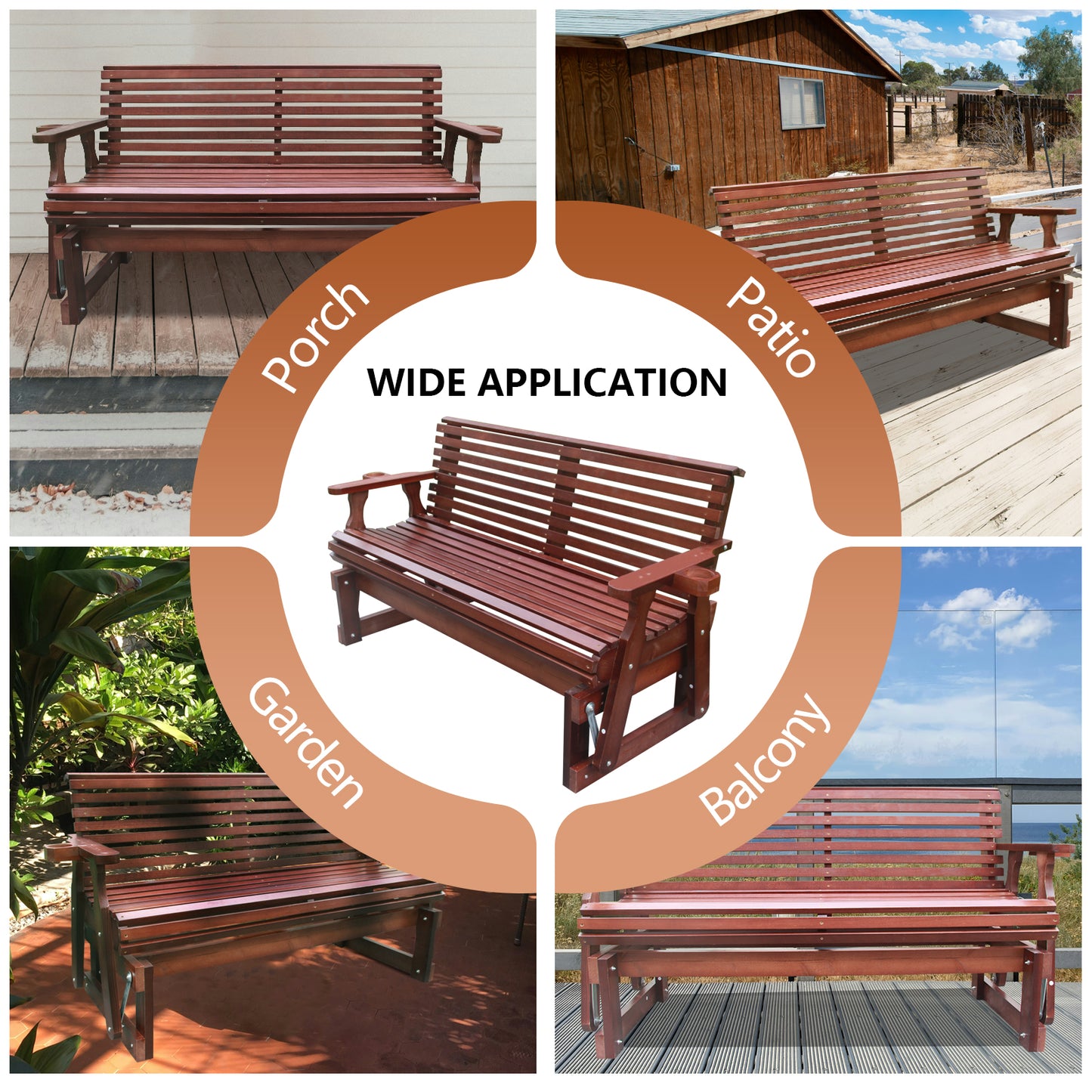 5FT Outdoor Glider Bench, 2-Seater Wooden Chair for Patio, Balcony, Porch, Dark Brown