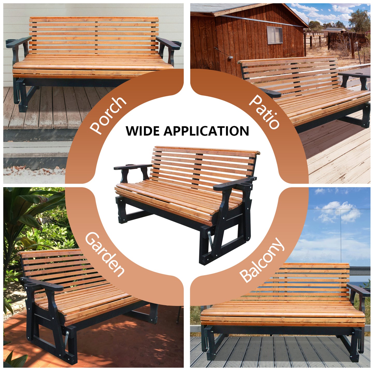 5FT Outdoor Glider Bench, 2-Seater Wooden Chair for Patio, Balcony, Porch, Brown and Dark Brown