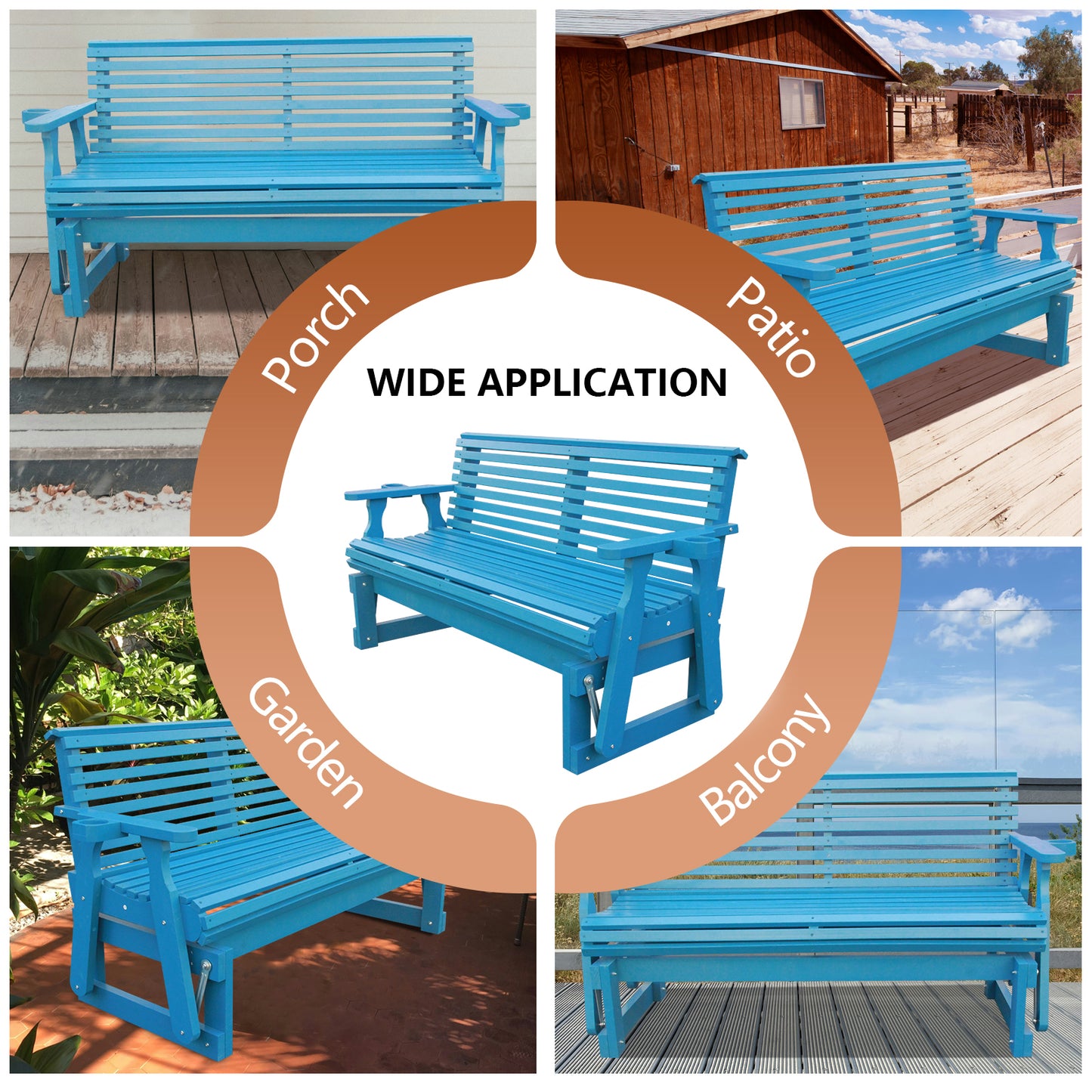 5FT Outdoor Glider Bench, 2-Seater Wooden Chair for Patio, Balcony, Porch, Blue