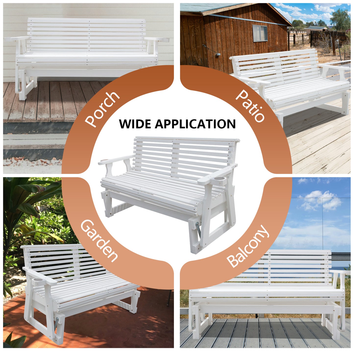 5FT Outdoor Glider Bench, 2-Seater Wooden Chair for Patio, Balcony, Porch, White