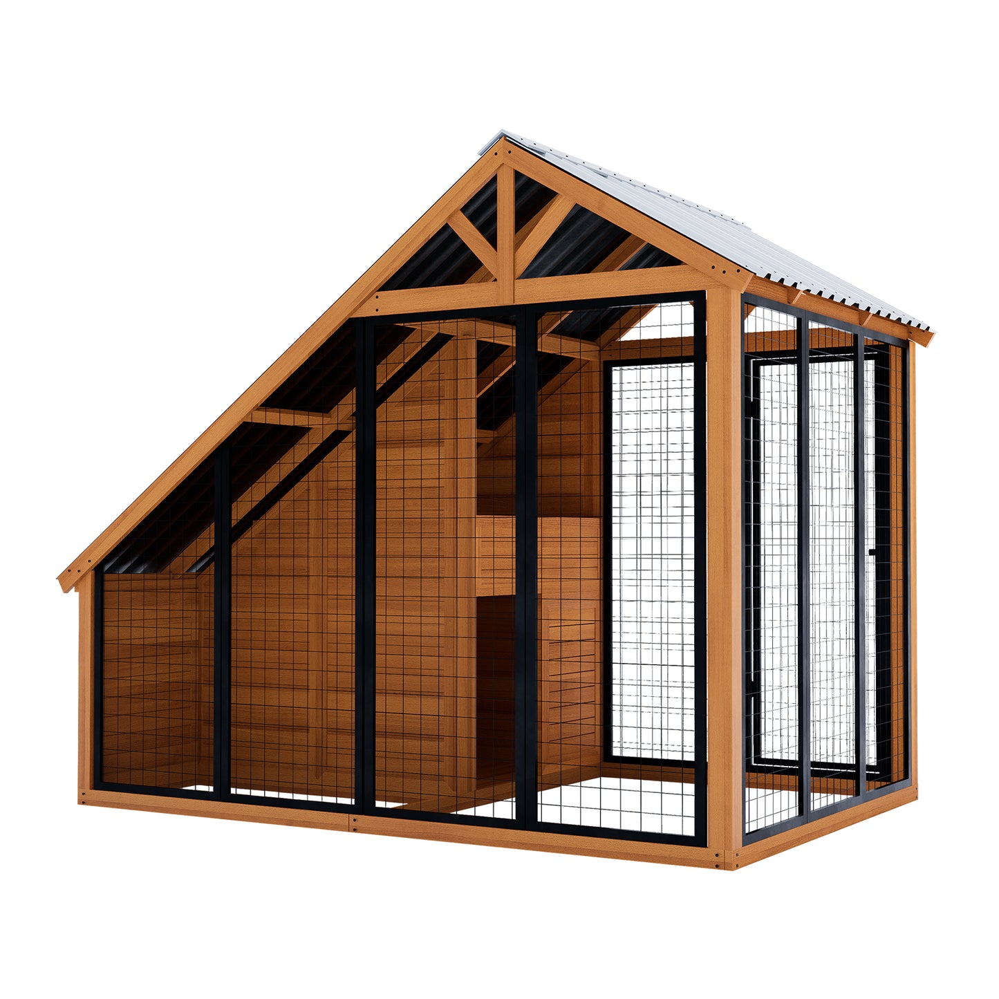 7.6’ x 6.6’ Dog House Outdoor for Small to Large Sized Dogs, Large Outdoor Dog Kennel with Wooden Frame, Steel Roof, Lockable Gate for Pet Shelter