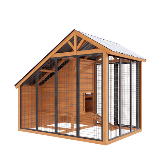Chicken Coop for Outdoors with Heavy-Duty Steel Roof, Large Wooden Chicken House with Predator-Proof Run for 6-12 Chicken, Outdoor Poultry Enclosure for Hens, Ducks