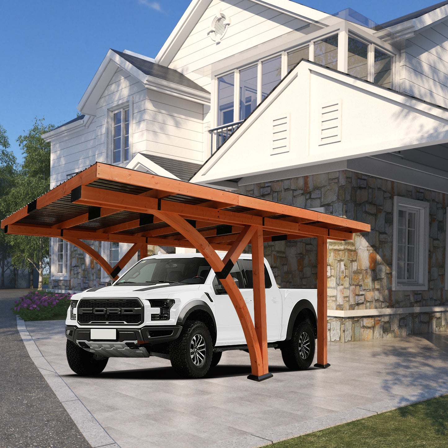 18.3 x 12.6 x 7 FT Heavy Duty Wooden Curved Carport Pavilion Gazebo with Hard Top Steel Roof