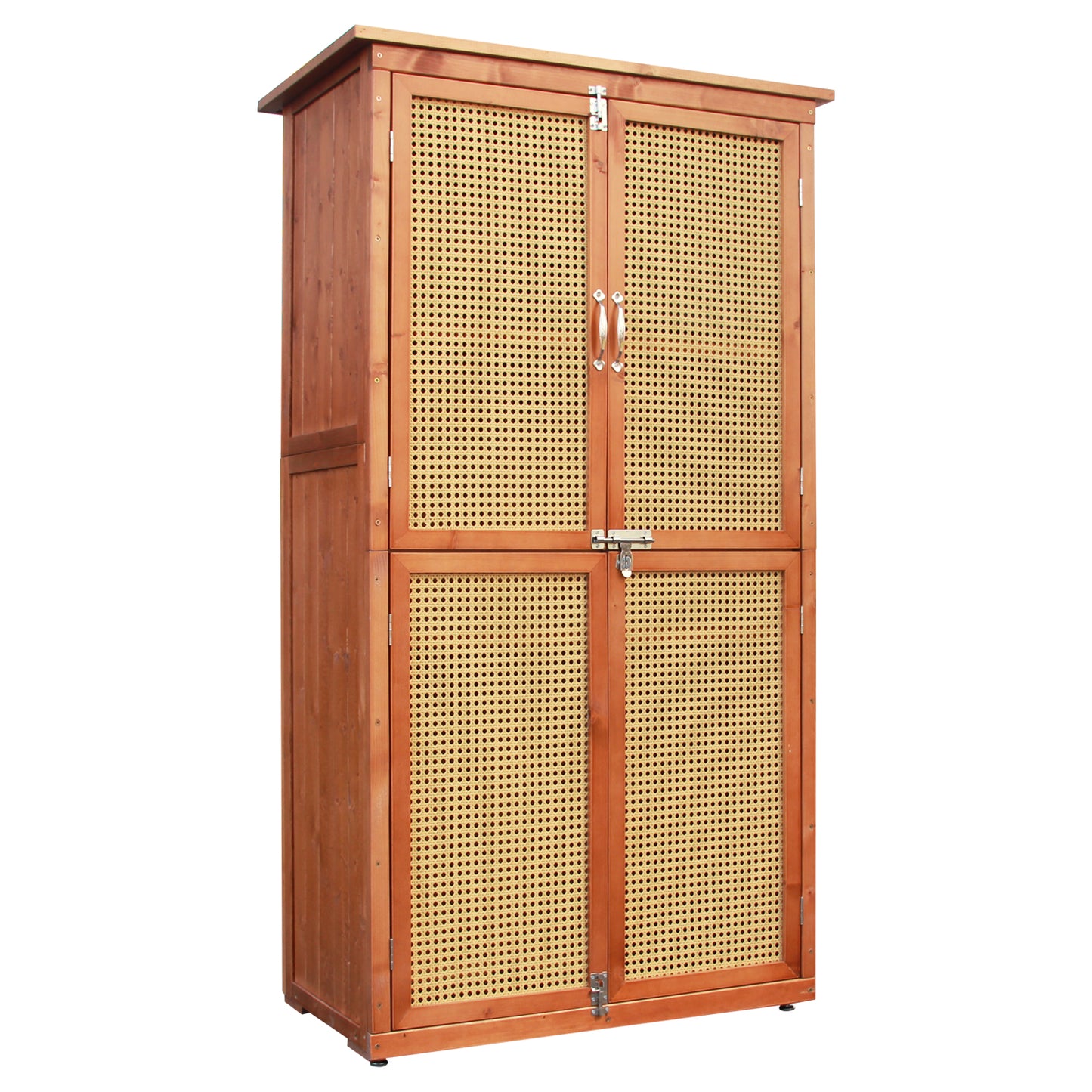 60 Inches Outdoor Storage Shed Wood Shed with Rattan Indoor Storage Cabinet with Floor, Adjustable Shelves for Patio, Garden,Lawn and Living Room, Brown