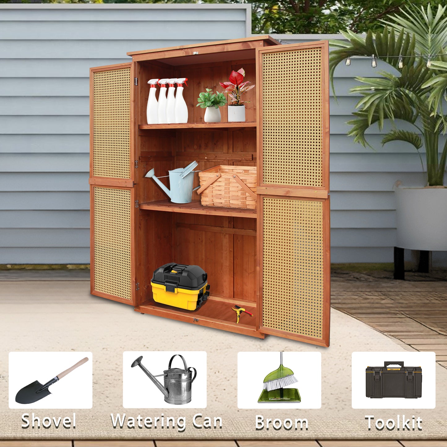 60 Inches Outdoor Storage Shed Wood Shed with Rattan Indoor Storage Cabinet with Floor, Adjustable Shelves for Patio, Garden,Lawn and Living Room, Brown