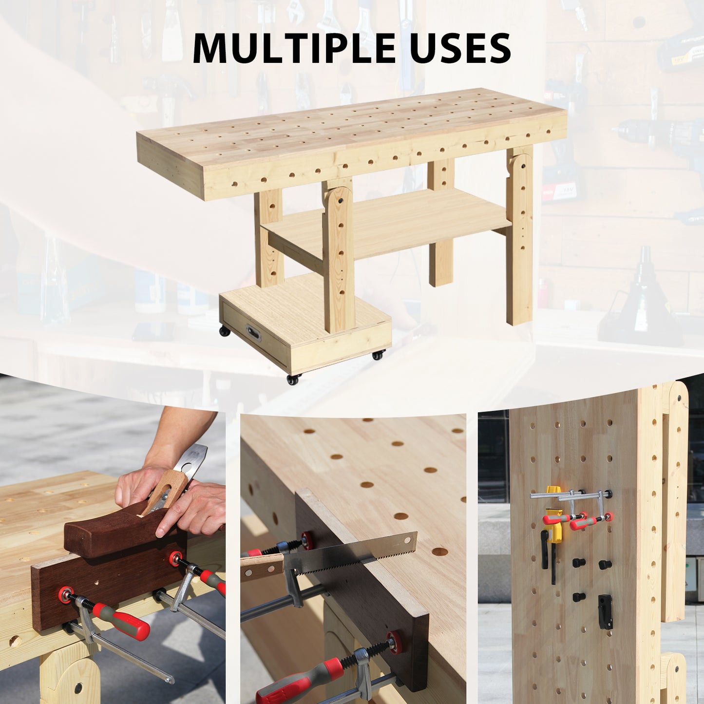 59" Foldable Workbench on 4 Wheels, Heavy Duty Work Table with Removable Shelf, Drawer, Wood Tool Bench for Garage, Workshop, Home