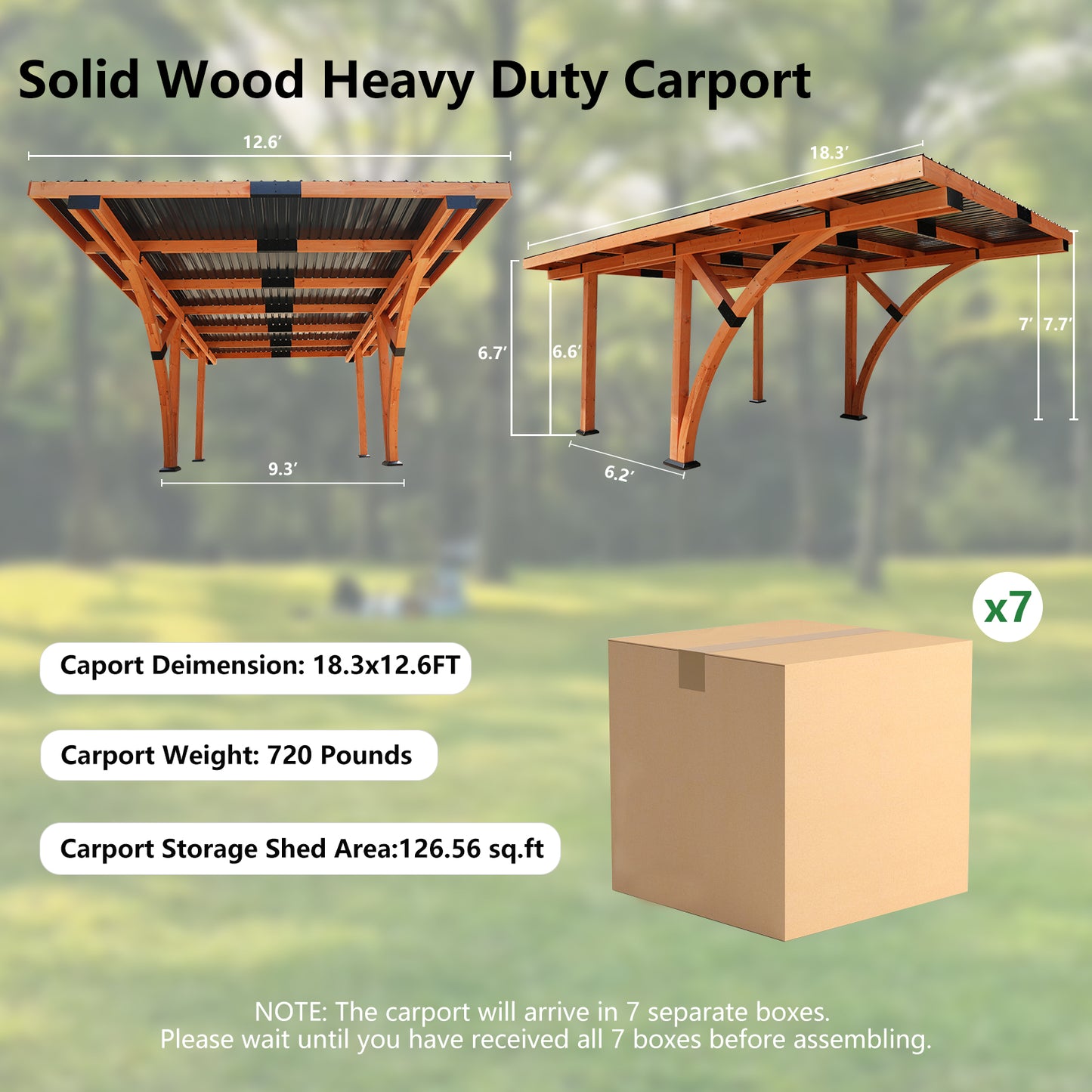 18.3 x 12.6 x 7 FT Heavy Duty Wooden Curved Carport Pavilion Gazebo with Hard Top Steel Roof