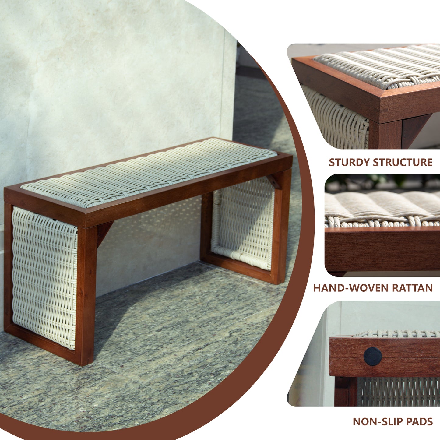 35 inch Wood Entryway Bench, Mid Century Modern Decor Woven Indoor Shoe Bench, Wooden Stool for Entryway, Living Room, Dining Room, Bedroom and Porch, Brown