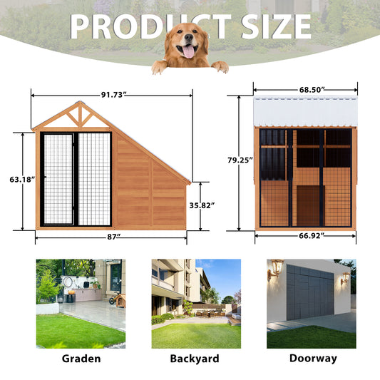 7.6’ x 6.6’ Dog House Outdoor for Small to Large Sized Dogs, Large Outdoor Dog Kennel with Wooden Frame, Steel Roof, Lockable Gate for Pet Shelter