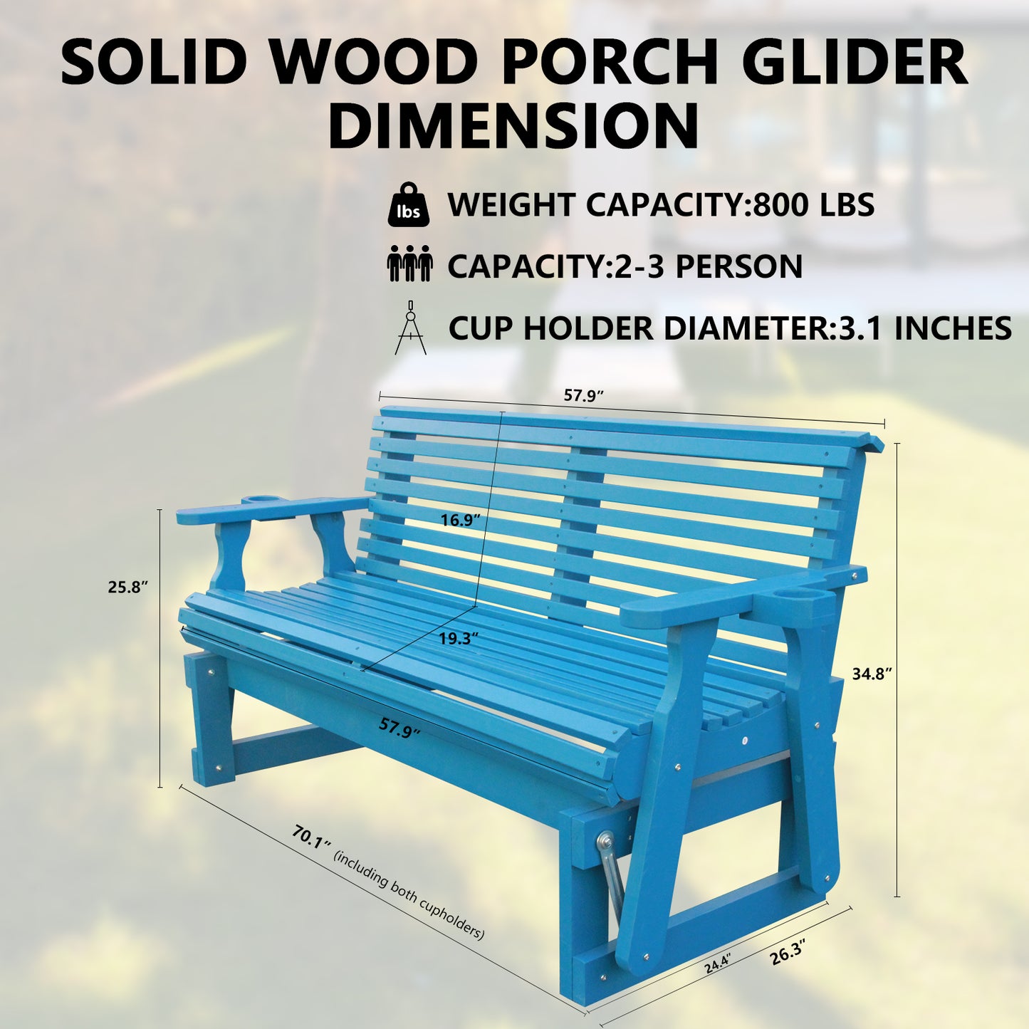 5FT Outdoor Glider Bench, 2-Seater Wooden Chair for Patio, Balcony, Porch, Blue