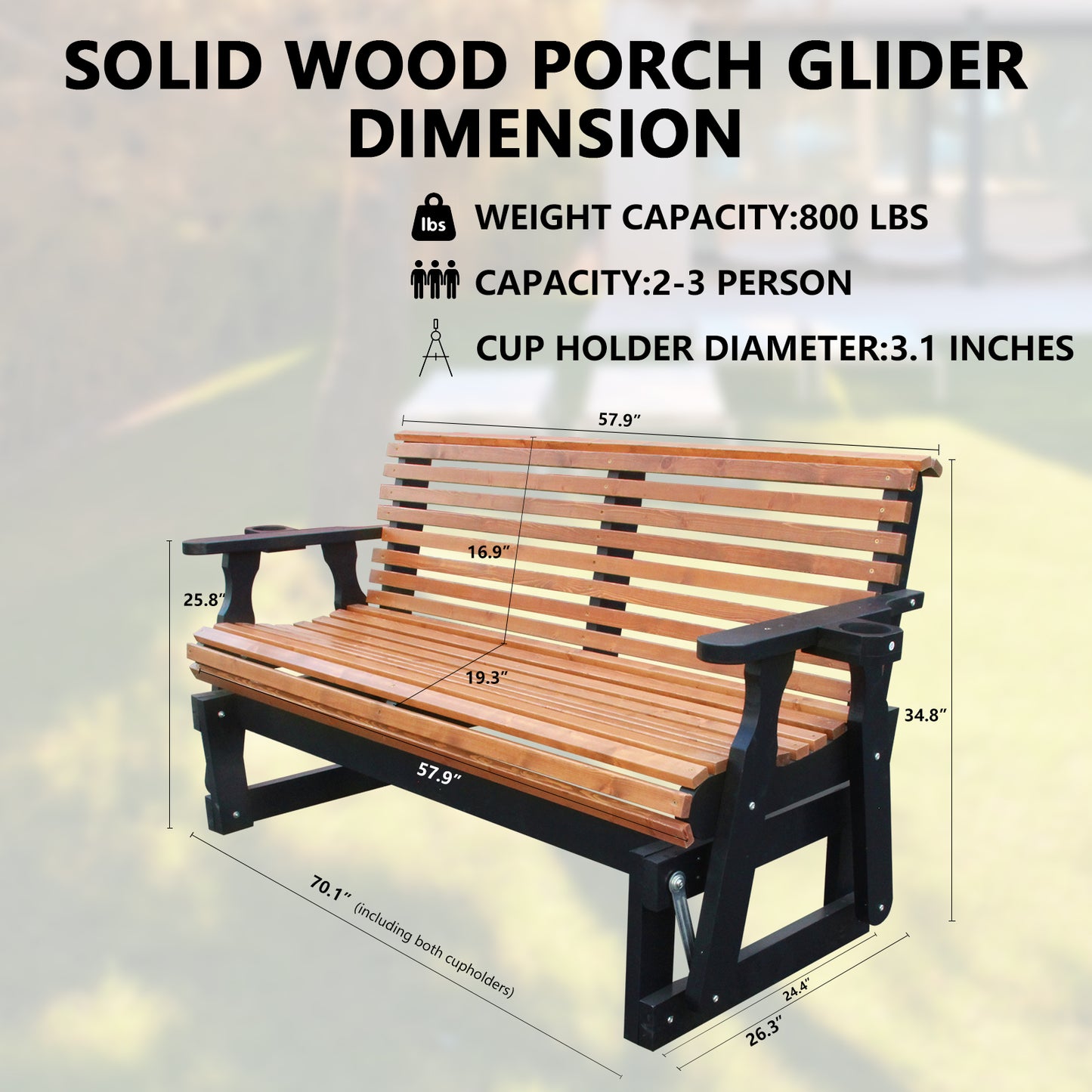 5FT Outdoor Glider Bench, 2-Seater Wooden Chair for Patio, Balcony, Porch, Brown and Dark Brown
