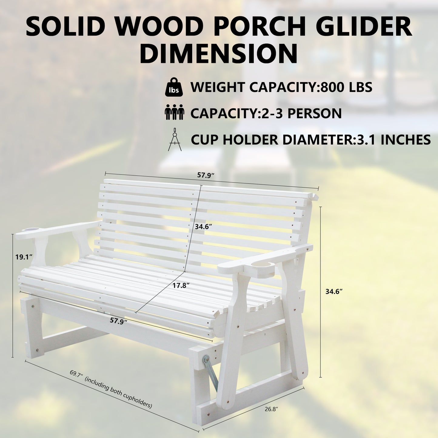 5FT Outdoor Glider Bench, 2-Seater Wooden Chair for Patio, Balcony, Porch, White