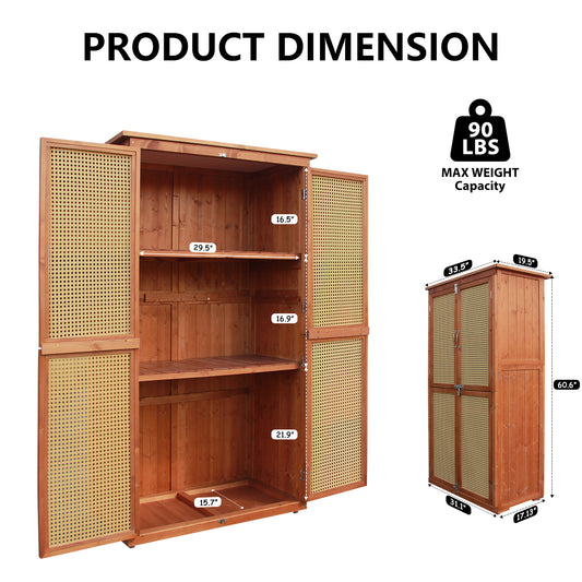 60 Inches Outdoor Storage Shed Wood Shed with Rattan Indoor Storage Cabinet with Floor, Adjustable Shelves for Patio, Garden,Lawn and Living Room, Brown