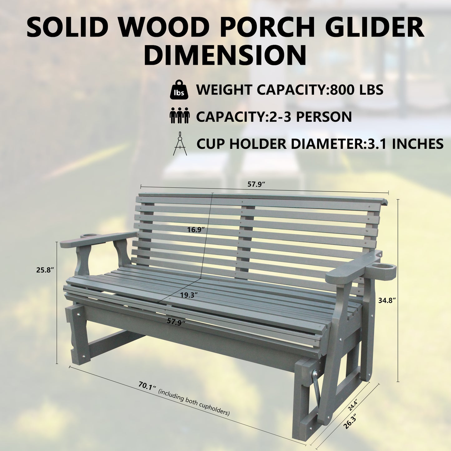 5FT Outdoor Glider Bench, 2-Seater Wooden Chair for Patio, Balcony, Porch, Gray
