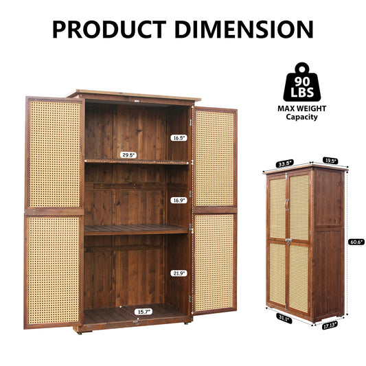 60 Inches Outdoor Storage Shed, Wood Shed with Rattan Indoor Storage Cabinet with Floor, Adjustable Shelves for Patio, Garden,Lawn and Living Room, Carbonized Black