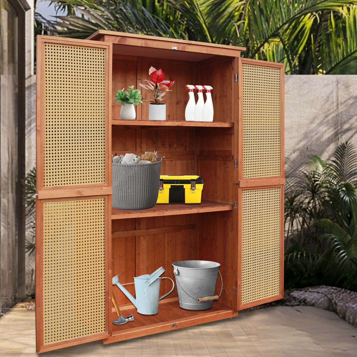 60 Inches Outdoor Storage Shed Wood Shed with Rattan Indoor Storage Cabinet with Floor, Adjustable Shelves for Patio, Garden,Lawn and Living Room, Brown