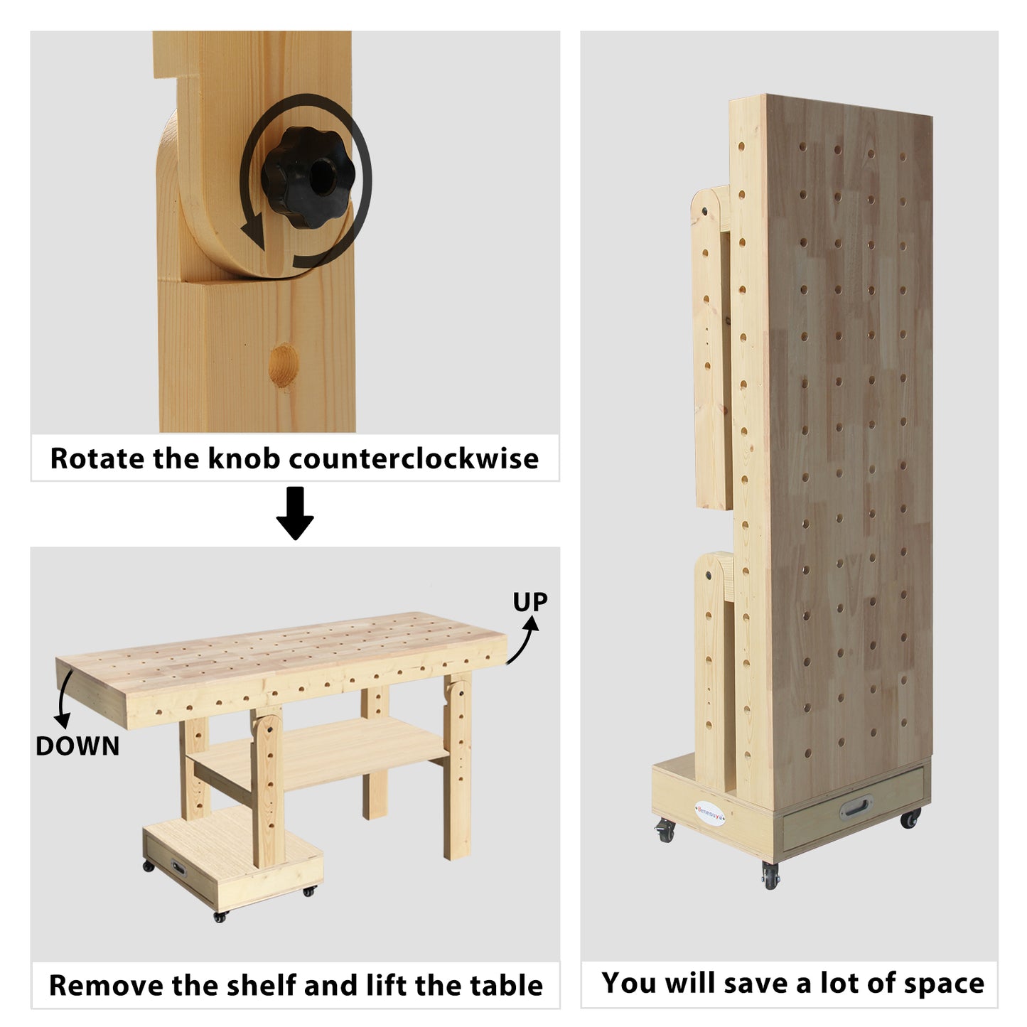 59" Foldable Workbench on 4 Wheels, Heavy Duty Work Table with Removable Shelf, Drawer, Wood Tool Bench for Garage, Workshop, Home