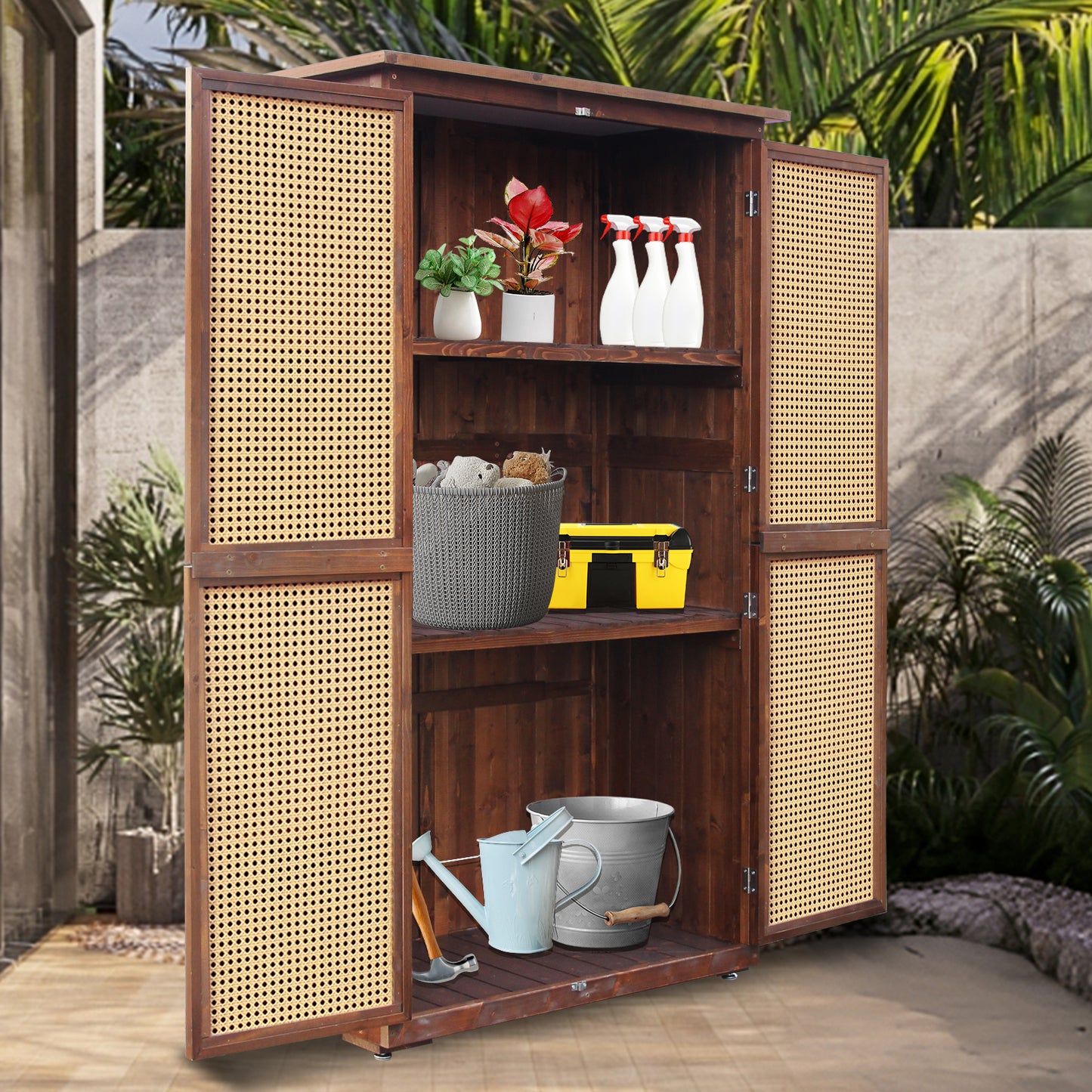 60 Inches Outdoor Storage Shed, Wood Shed with Rattan Indoor Storage Cabinet with Floor, Adjustable Shelves for Patio, Garden,Lawn and Living Room, Carbonized Black