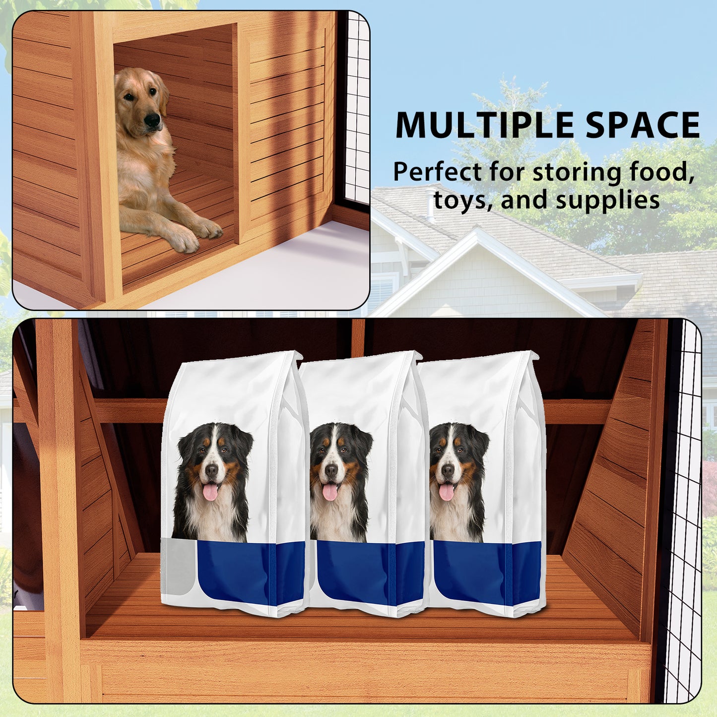 7.6’ x 6.6’ Dog House Outdoor for Small to Large Sized Dogs, Large Outdoor Dog Kennel with Wooden Frame, Steel Roof, Lockable Gate for Pet Shelter