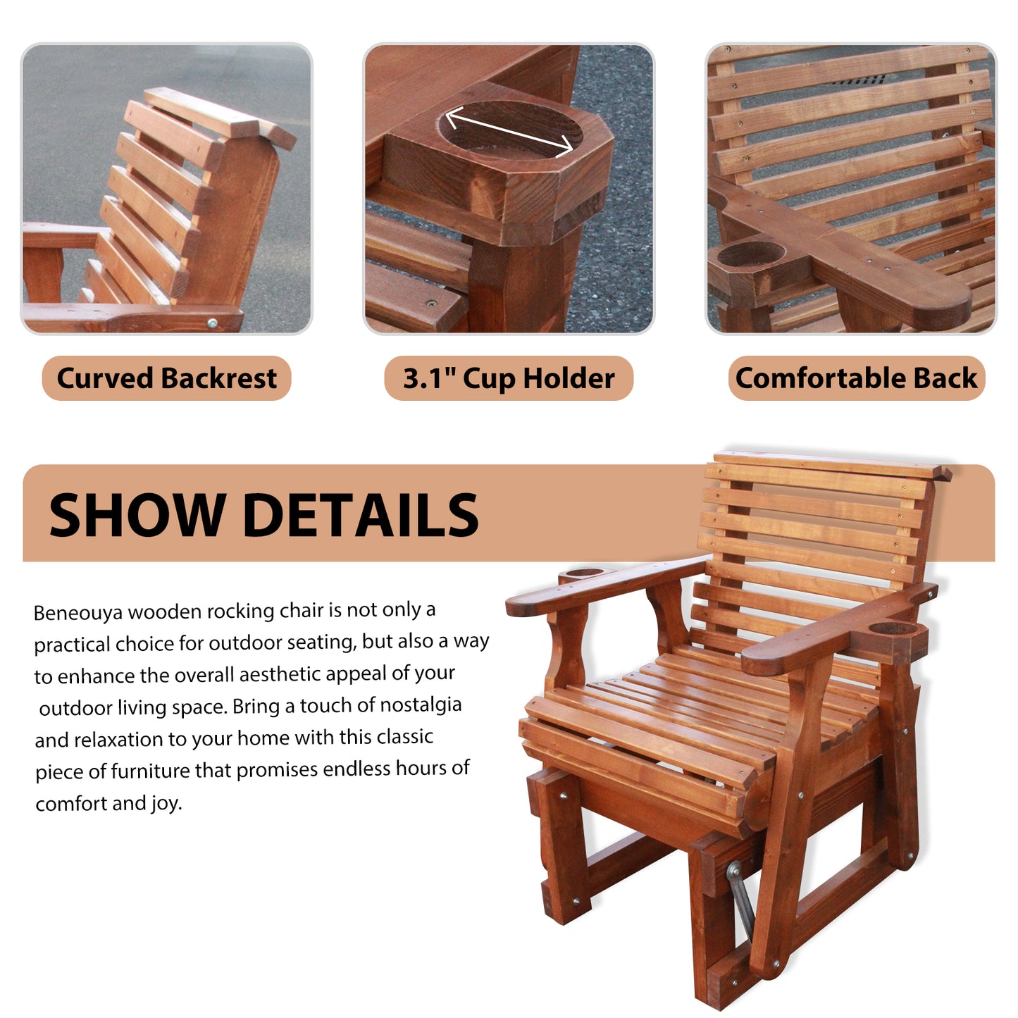 Outdoor Gliders-3 Piece Patio Furniture Set with Round Side Table, Cedar Brown