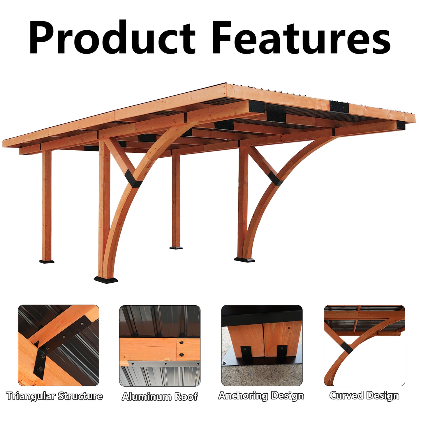 18.3 x 12.6 x 7 FT Heavy Duty Wooden Curved Carport Pavilion Gazebo with Hard Top Steel Roof