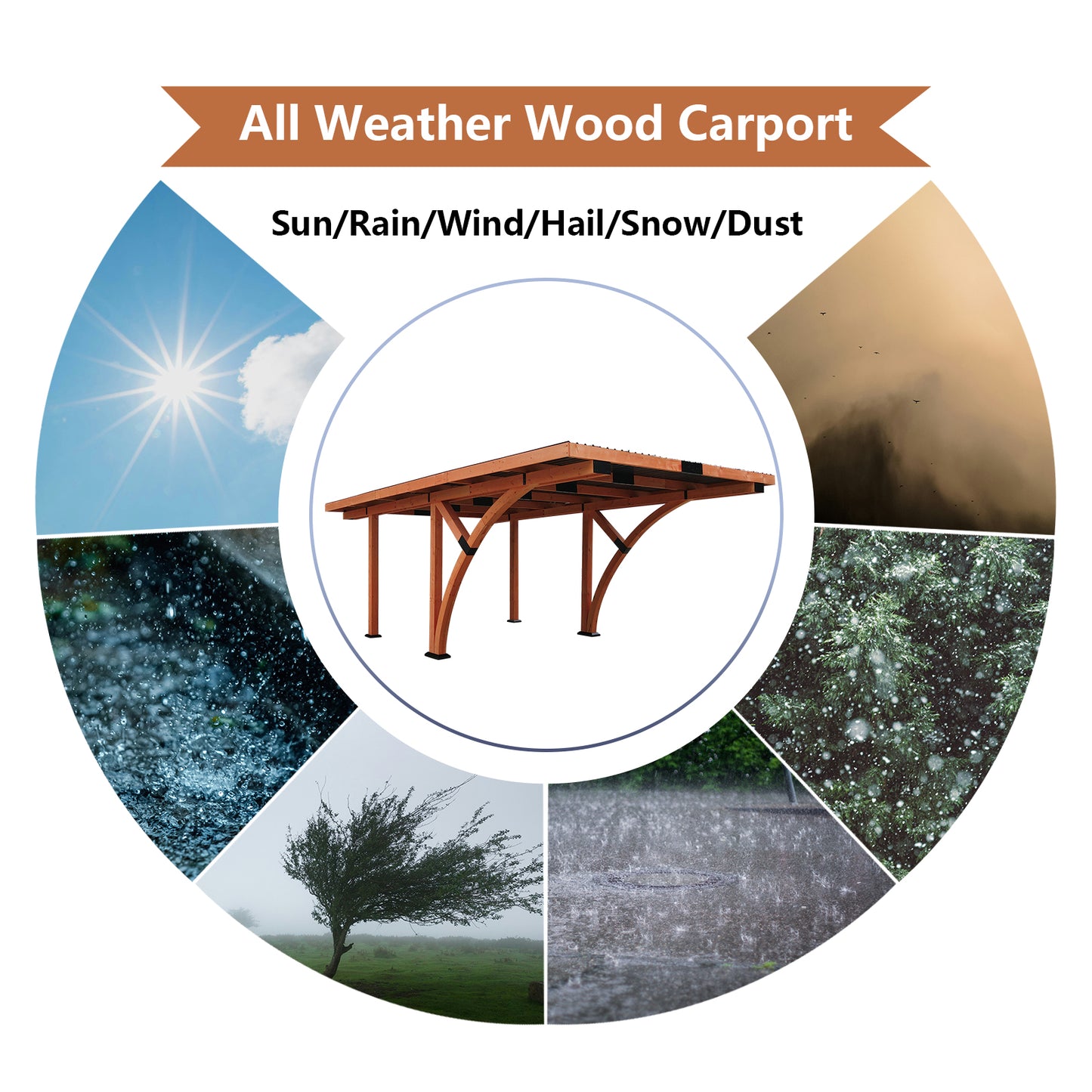 18.3 x 12.6 x 7 FT Heavy Duty Wooden Curved Carport Pavilion Gazebo with Hard Top Steel Roof