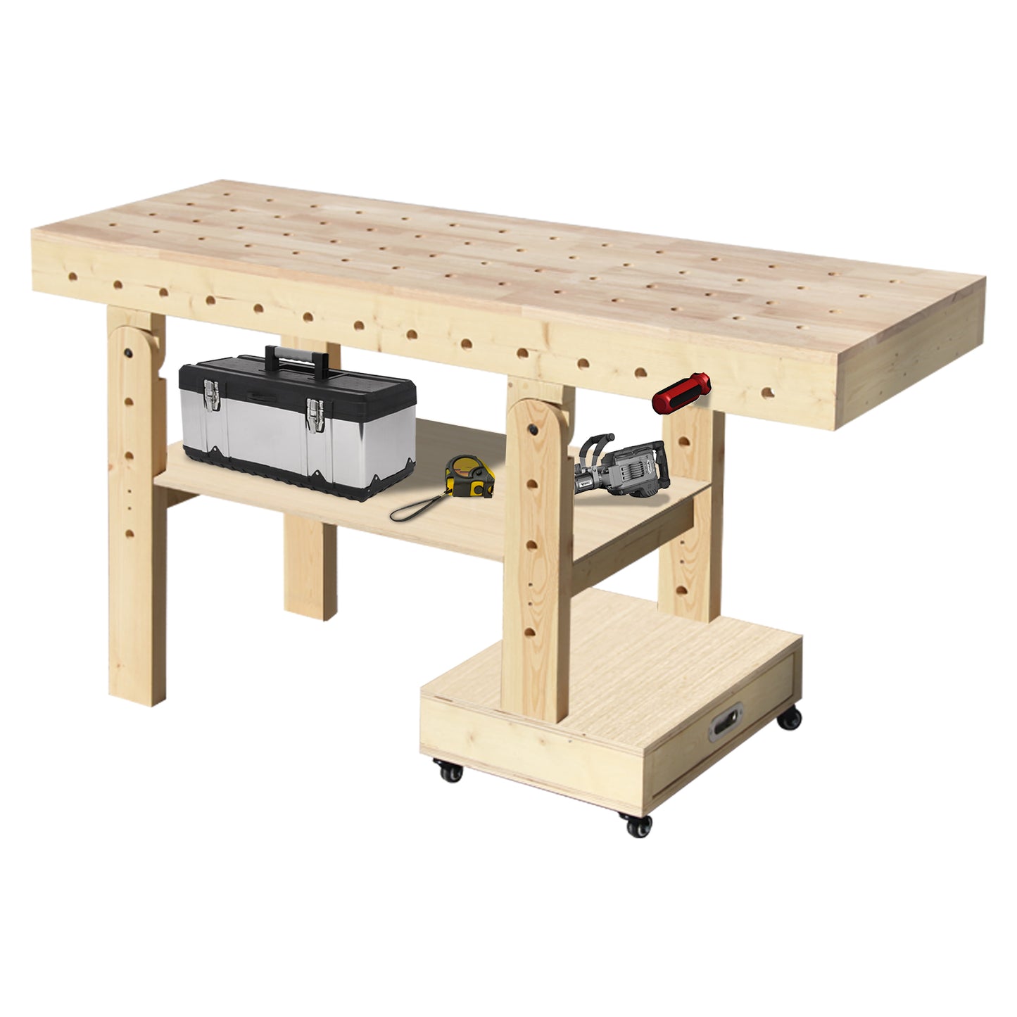 59" Foldable Workbench on 4 Wheels, Heavy Duty Work Table with Removable Shelf, Drawer, Wood Tool Bench for Garage, Workshop, Home