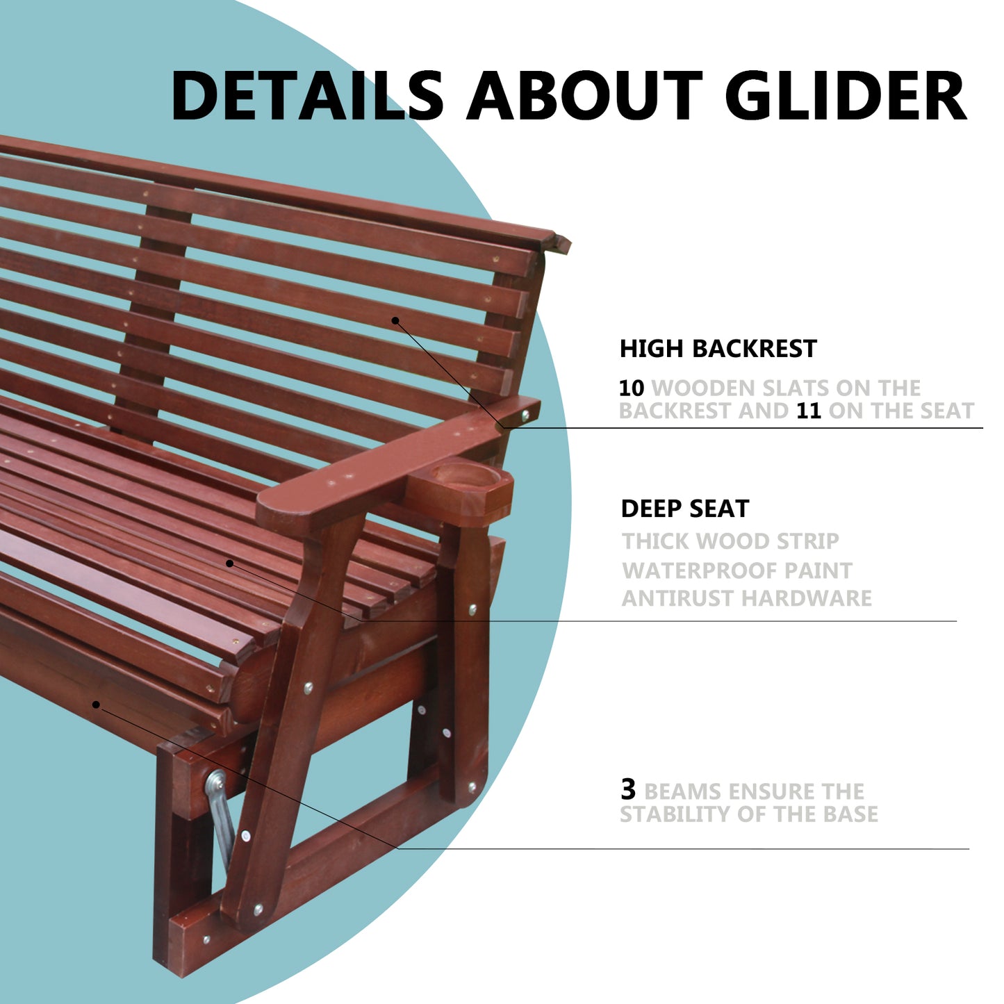 5FT Outdoor Glider Bench, 2-Seater Wooden Chair for Patio, Balcony, Porch, Dark Brown
