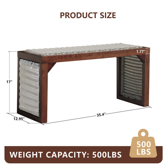 35 inch Wood Entryway Bench, Mid Century Modern Decor Woven Indoor Shoe Bench, Wooden Stool for Entryway, Living Room, Dining Room, Bedroom and Porch, Brown