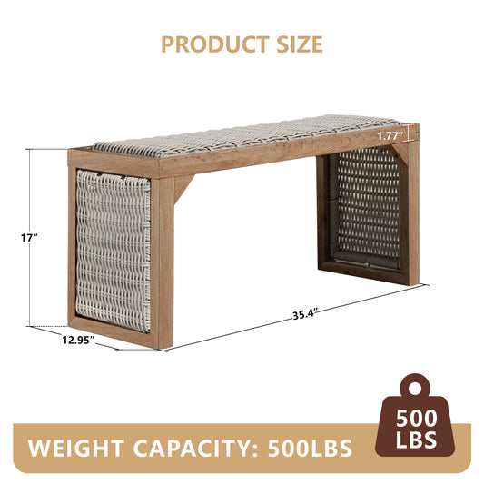 35 inch Wood Entryway Bench, Mid Century Modern Decor Woven Indoor Shoe Bench, Wooden Stool for Entryway, Living Room, Dining Room, Bedroom and Porch, Cedar Stain