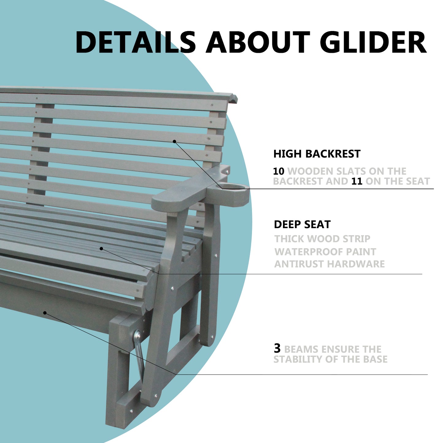 5FT Outdoor Glider Bench, 2-Seater Wooden Chair for Patio, Balcony, Porch, Gray