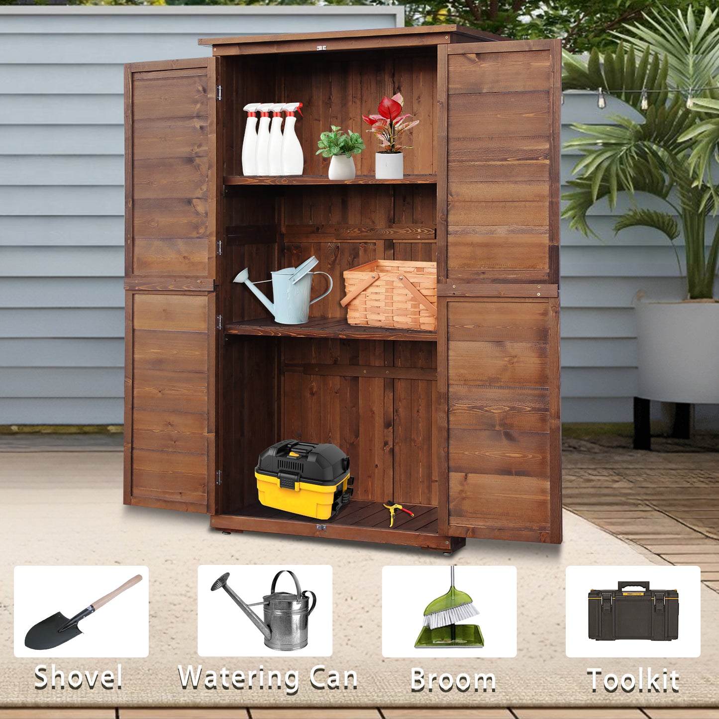 60 Inches Outdoor Storage Cabinet, Vertical Lockable Storage Cabinet, Outdoor Wood Shed with Floor, Doors and Adjustable Shelves Included for Patio, Backyard and Garden, Carbonized Brown