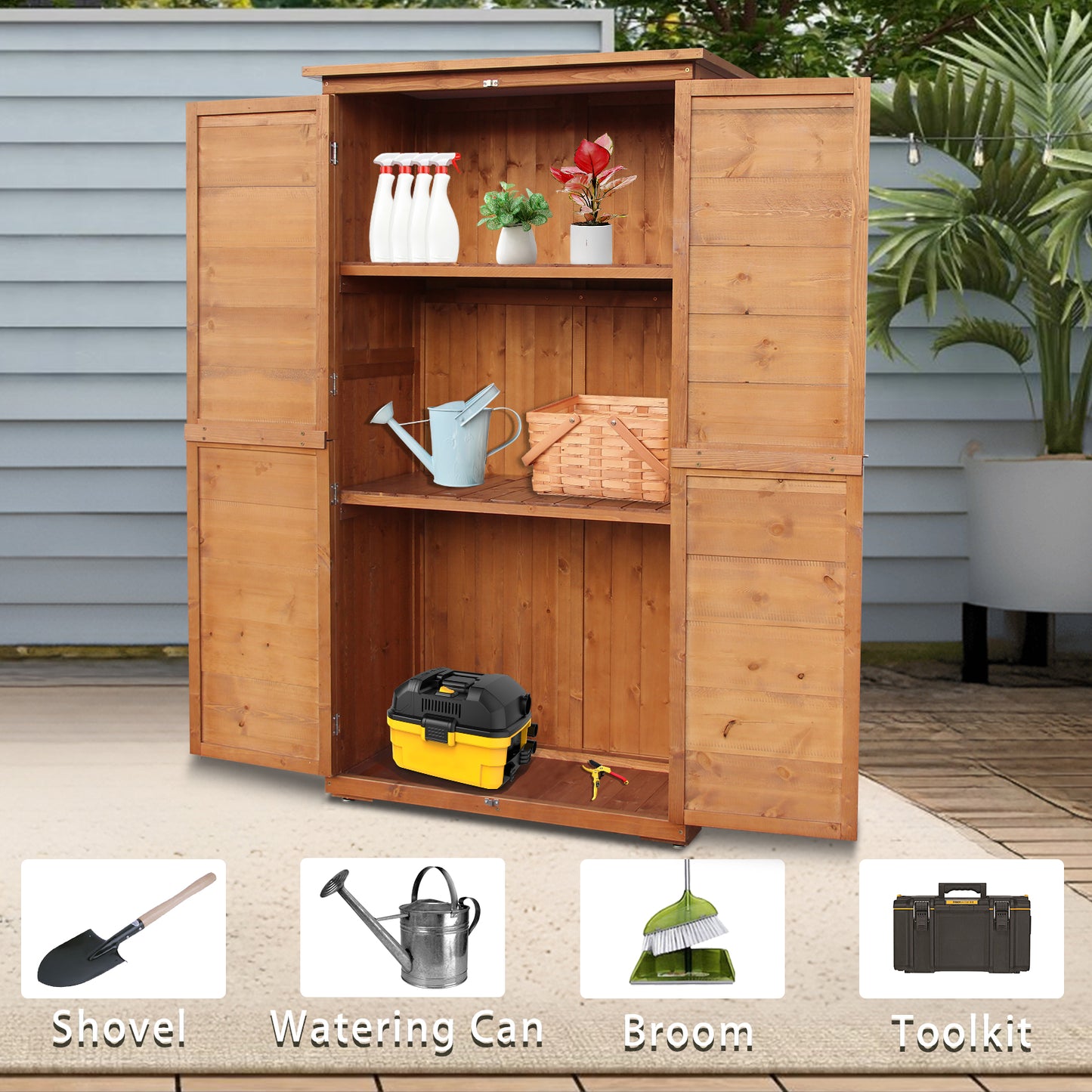 60 Inches Outdoor Storage Cabinet, Vertical Lockable Storage Cabinet, Outdoor Wood Shed with Floor and 2 Adjustable Shelves Included for Patio, Backyard and Garden, Brown