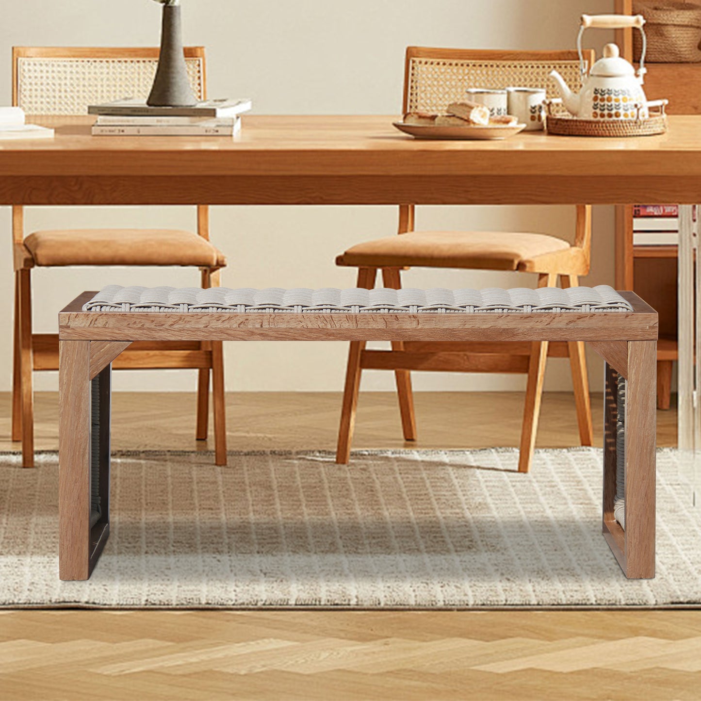35 inch Wood Entryway Bench, Mid Century Modern Decor Woven Indoor Shoe Bench, Wooden Stool for Entryway, Living Room, Dining Room, Bedroom and Porch, Cedar Stain
