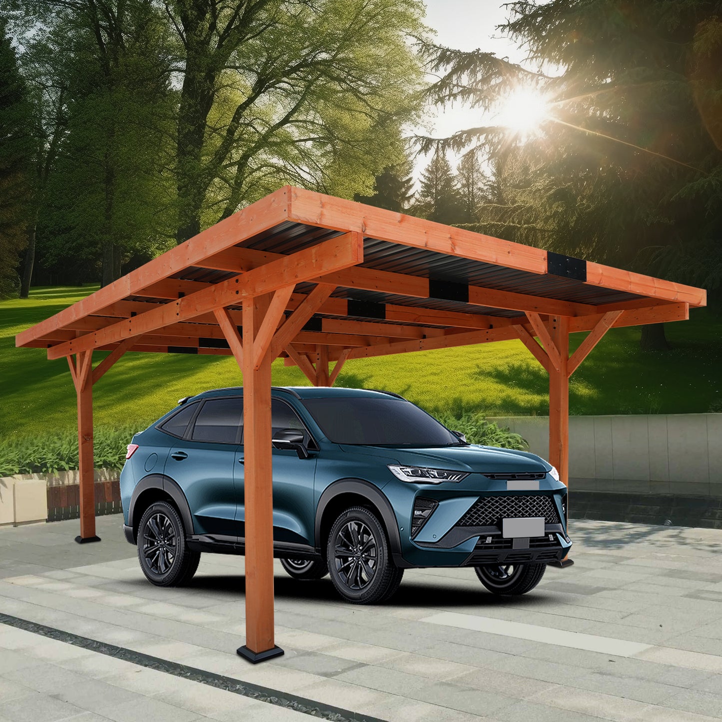 18.3 x 12.6 x 7 FT Heavy Duty Wooden Carport Pavilion Gazebo with Hard Top Steel Roof