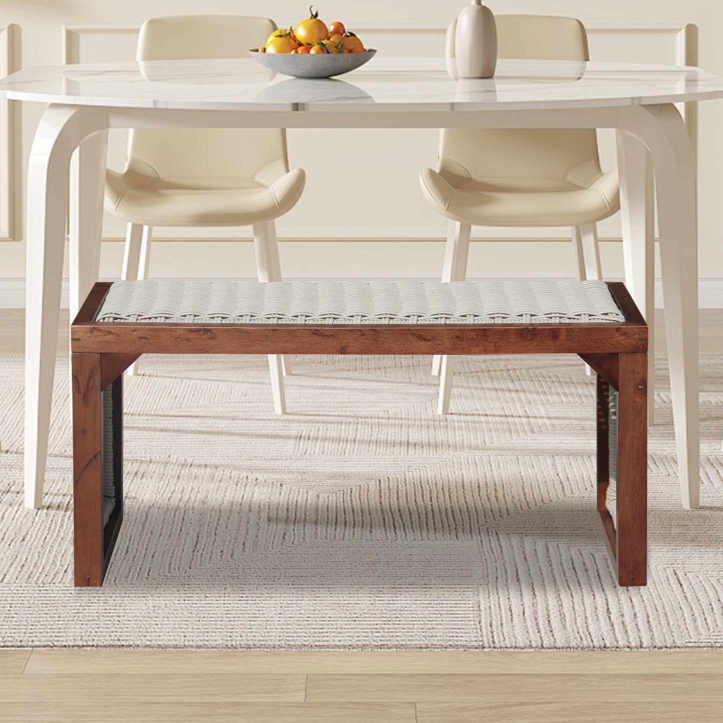 35 inch Wood Entryway Bench, Mid Century Modern Decor Woven Indoor Shoe Bench, Wooden Stool for Entryway, Living Room, Dining Room, Bedroom and Porch, Brown