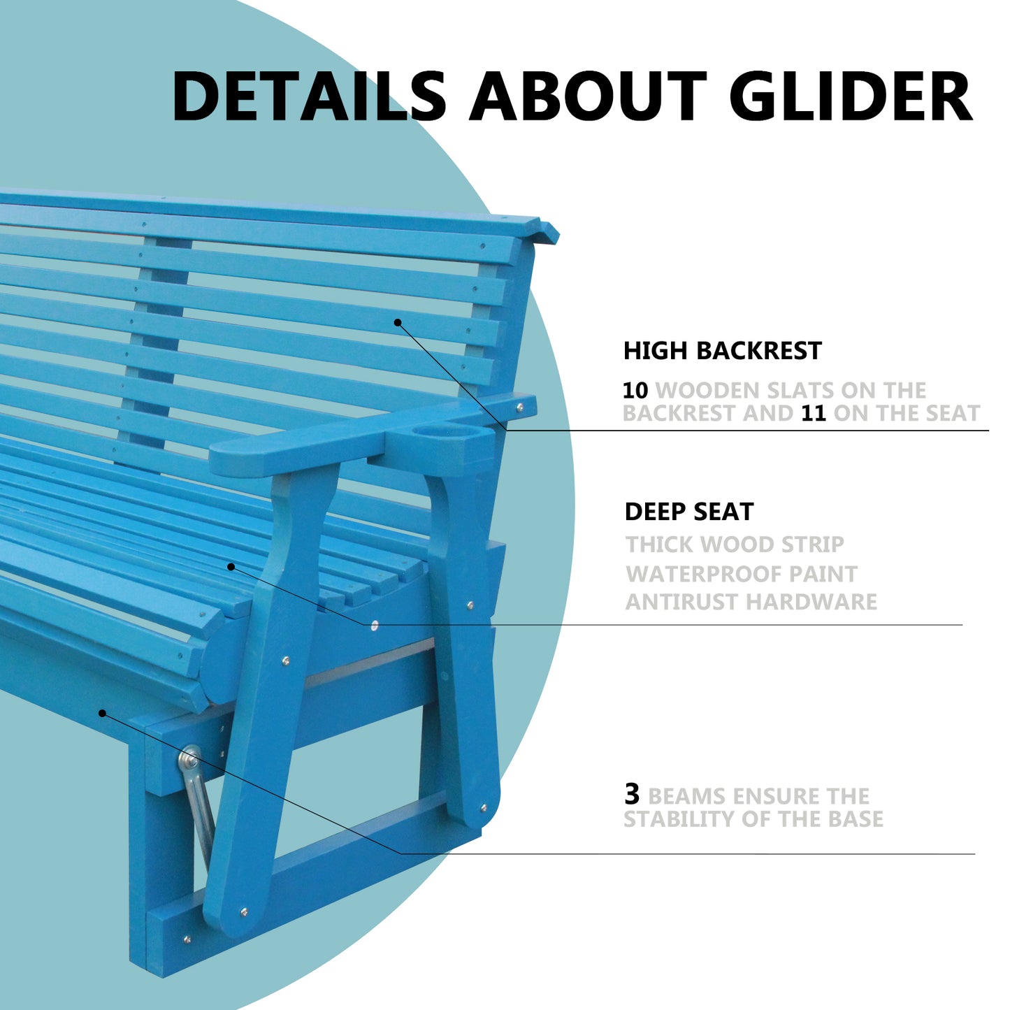 5FT Outdoor Glider Bench, 2-Seater Wooden Chair for Patio, Balcony, Porch, Blue