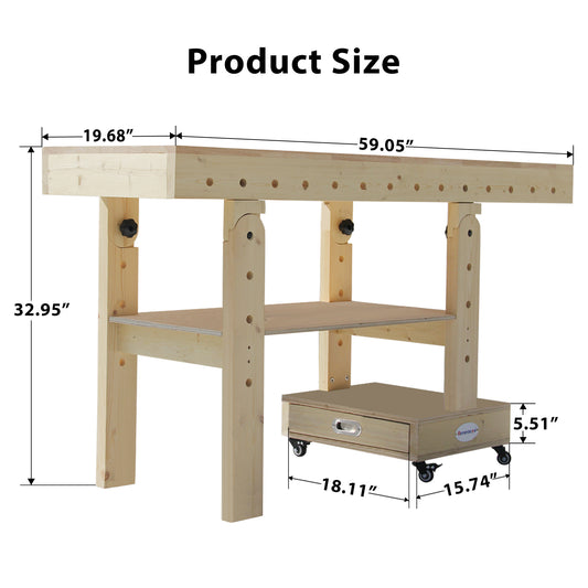 59" Foldable Workbench on 4 Wheels, Heavy Duty Work Table with Removable Shelf, Drawer, Wood Tool Bench for Garage, Workshop, Home