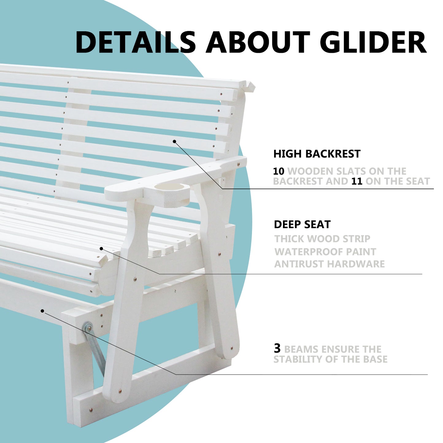 5FT Outdoor Glider Bench, 2-Seater Wooden Chair for Patio, Balcony, Porch, White