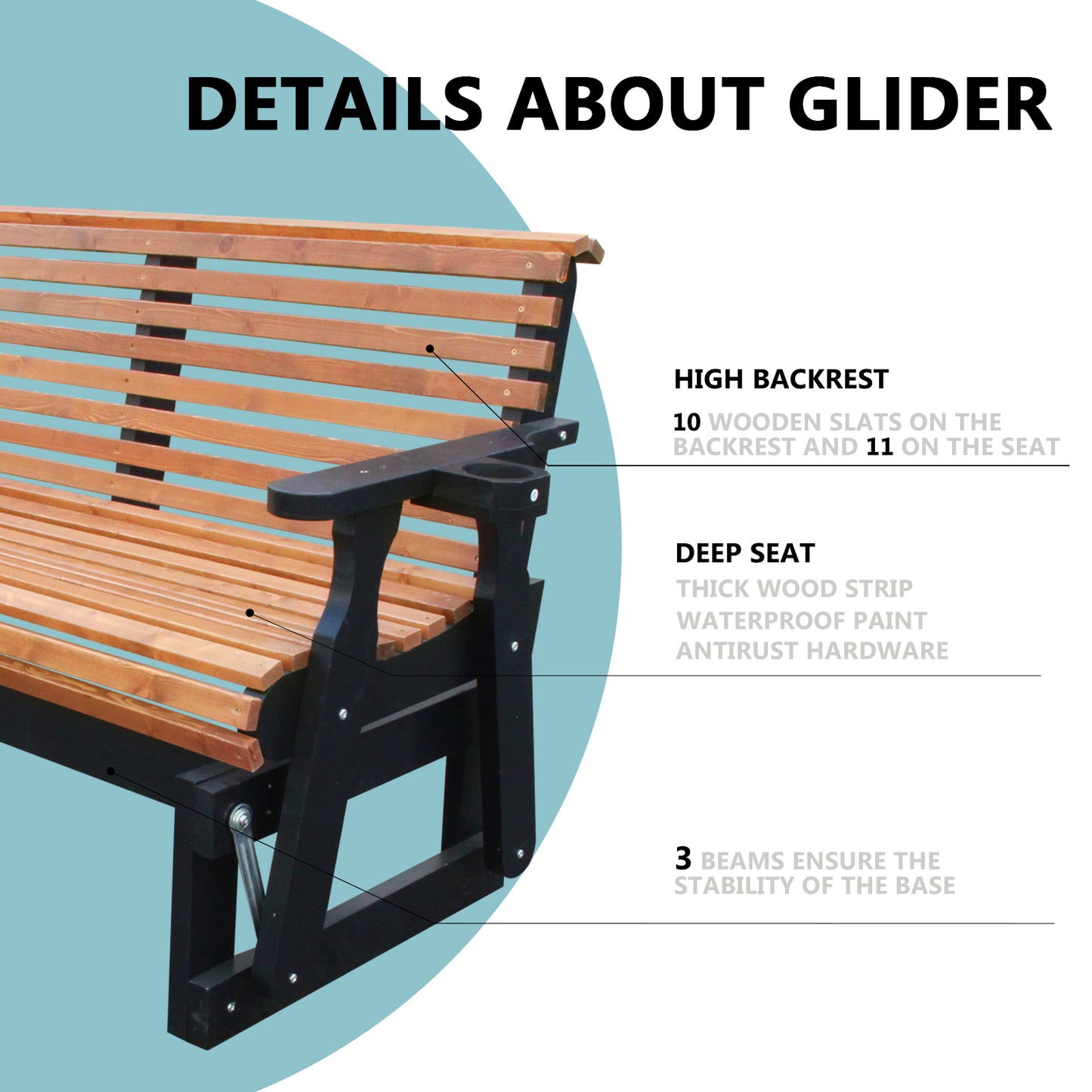 5FT Outdoor Glider Bench, 2-Seater Wooden Chair for Patio, Balcony, Porch, Brown and Dark Brown