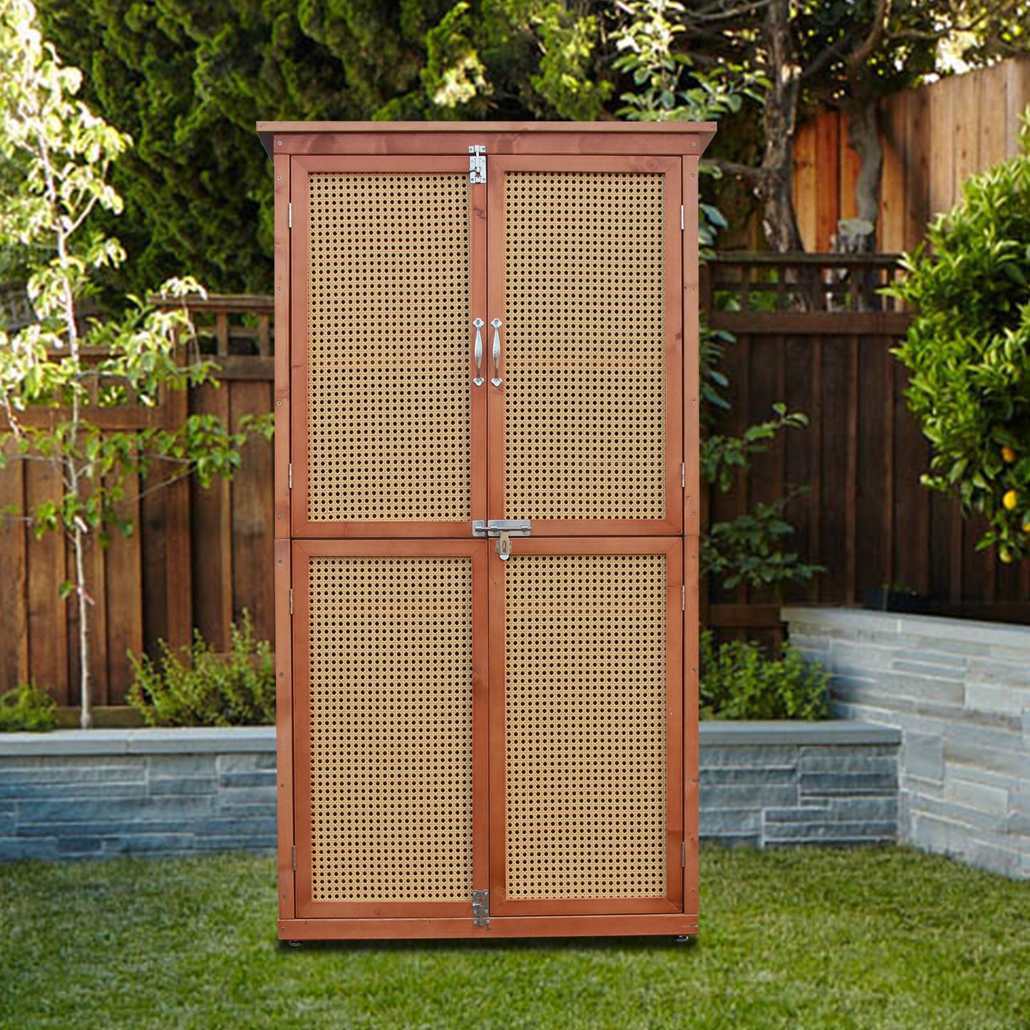 60 Inches Outdoor Storage Shed Wood Shed with Rattan Indoor Storage Cabinet with Floor, Adjustable Shelves for Patio, Garden,Lawn and Living Room, Brown