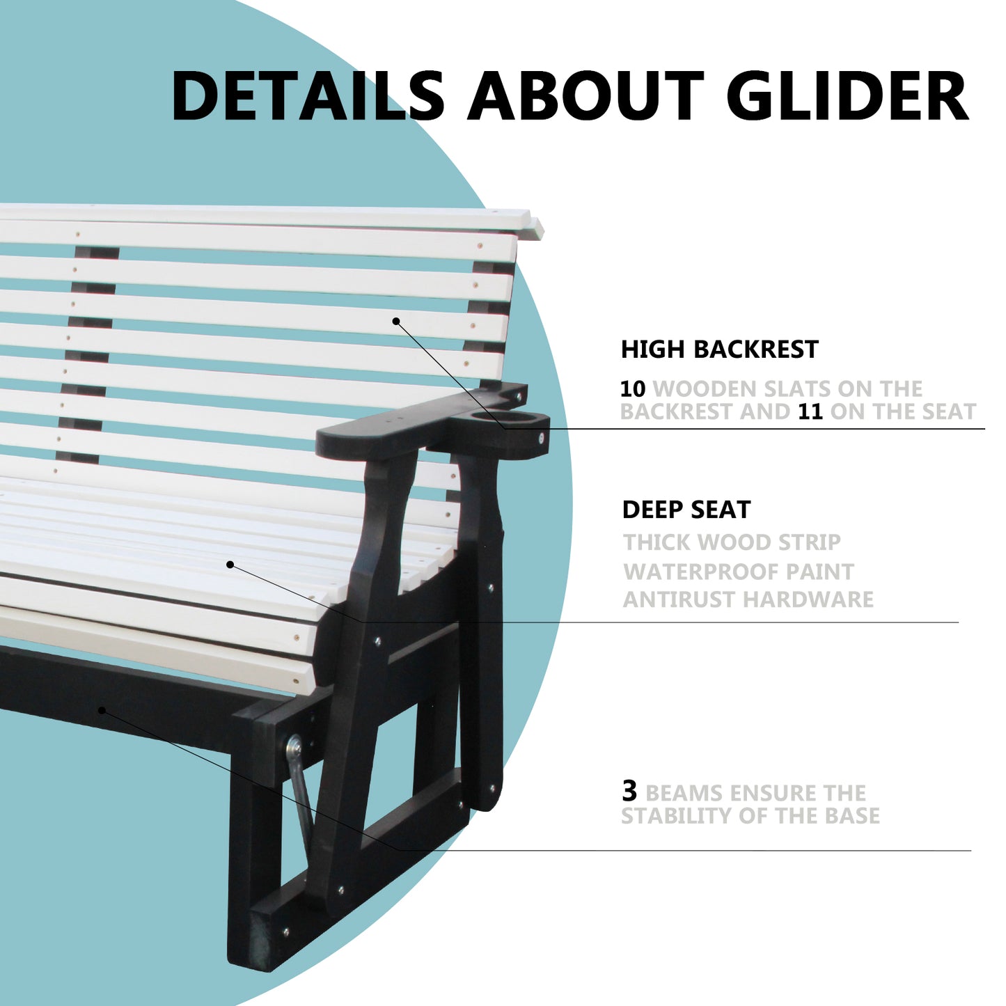5FT Outdoor Glider Bench, 2-Seater Wooden Chair for Patio, Balcony, Porch, White and Dark Grey