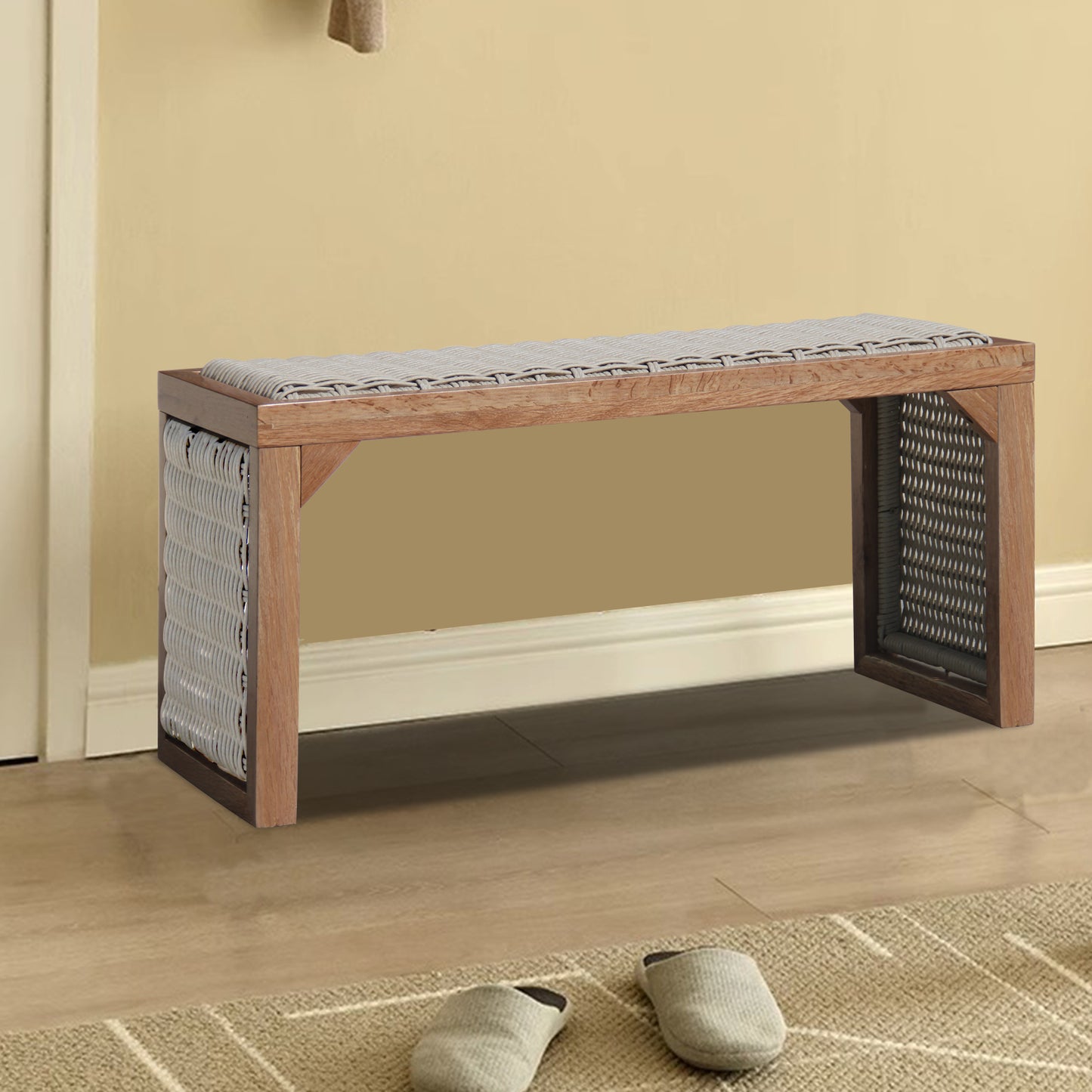 35 inch Wood Entryway Bench, Mid Century Modern Decor Woven Indoor Shoe Bench, Wooden Stool for Entryway, Living Room, Dining Room, Bedroom and Porch, Cedar Stain