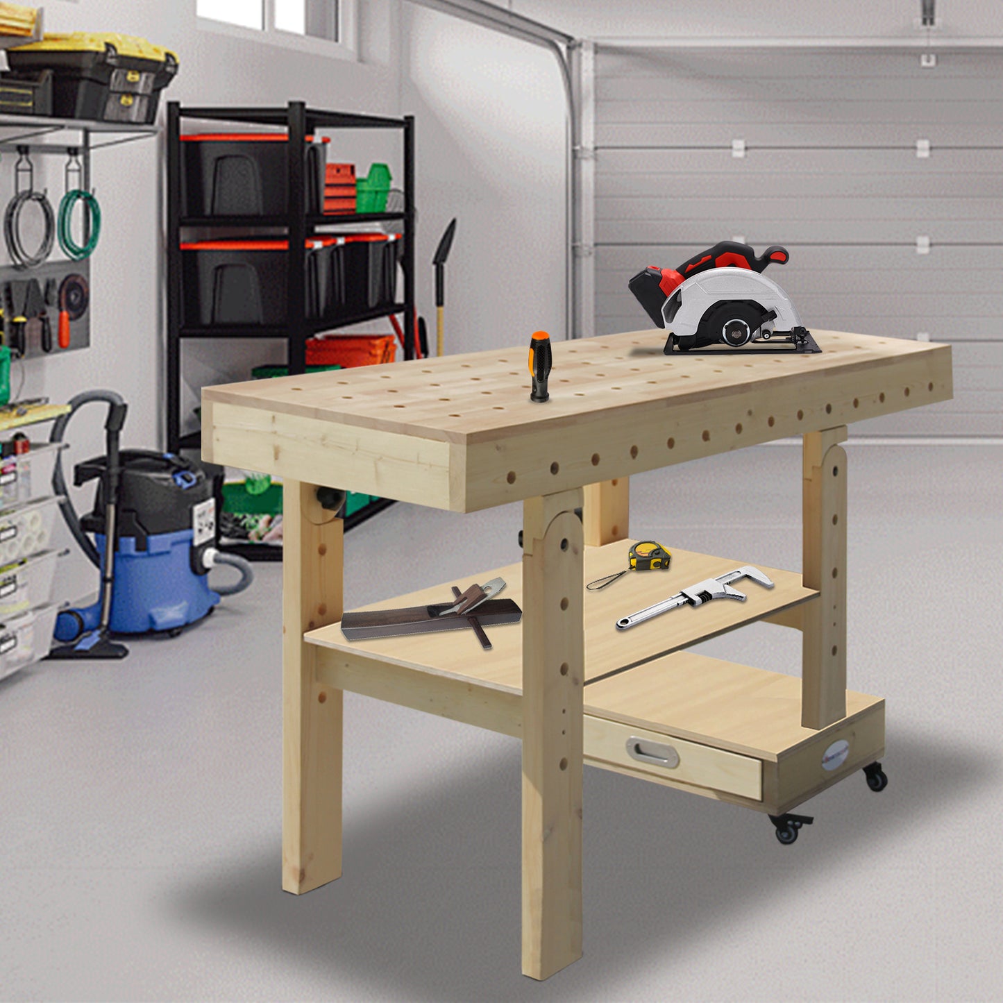59" Foldable Workbench on 4 Wheels, Heavy Duty Work Table with Removable Shelf, Drawer, Wood Tool Bench for Garage, Workshop, Home