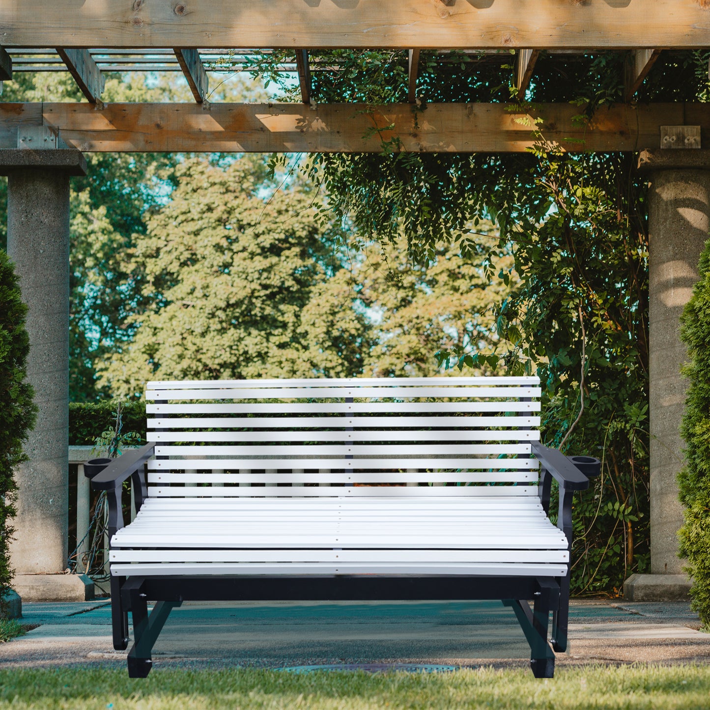 5FT Outdoor Glider Bench, 2-Seater Wooden Chair for Patio, Balcony, Porch, White and Dark Grey