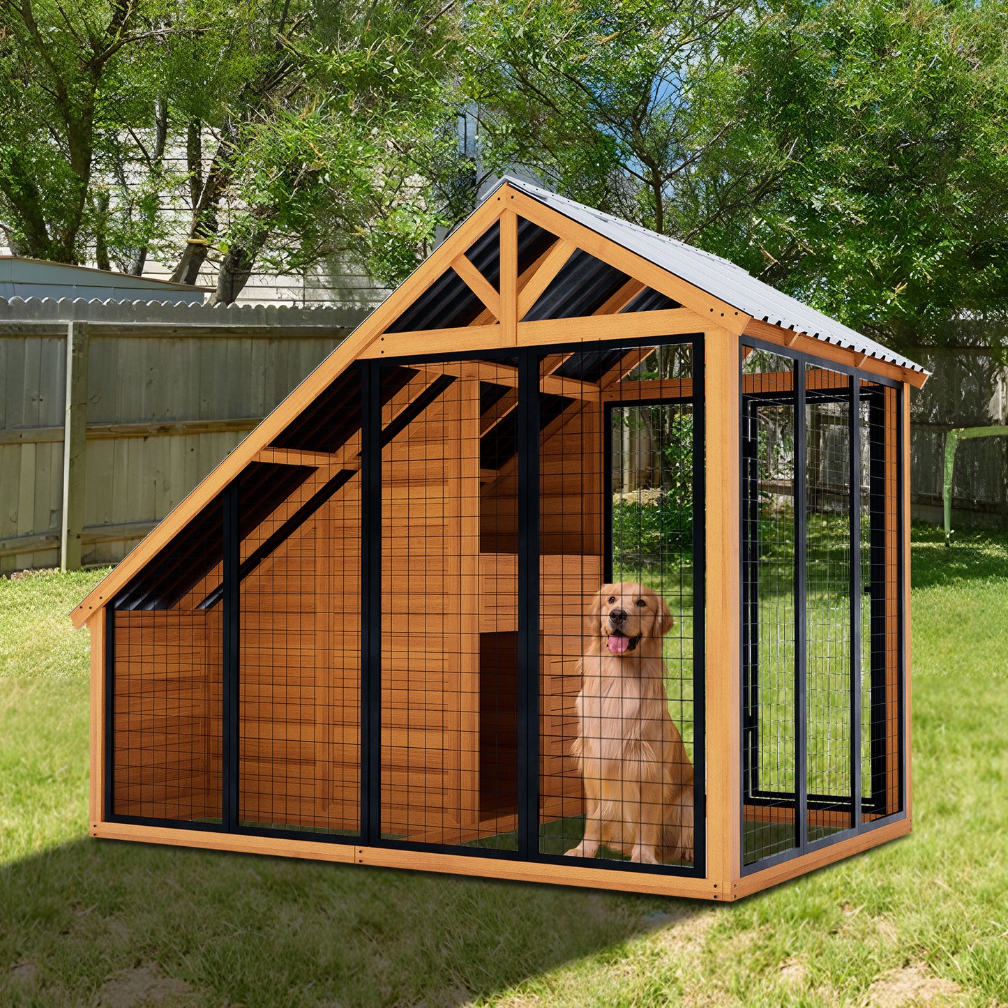 7.6’ x 6.6’ Dog House Outdoor for Small to Large Sized Dogs, Large Outdoor Dog Kennel with Wooden Frame, Steel Roof, Lockable Gate for Pet Shelter