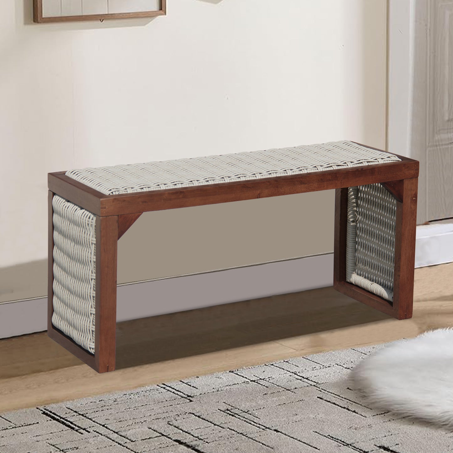 35 inch Wood Entryway Bench, Mid Century Modern Decor Woven Indoor Shoe Bench, Wooden Stool for Entryway, Living Room, Dining Room, Bedroom and Porch, Brown