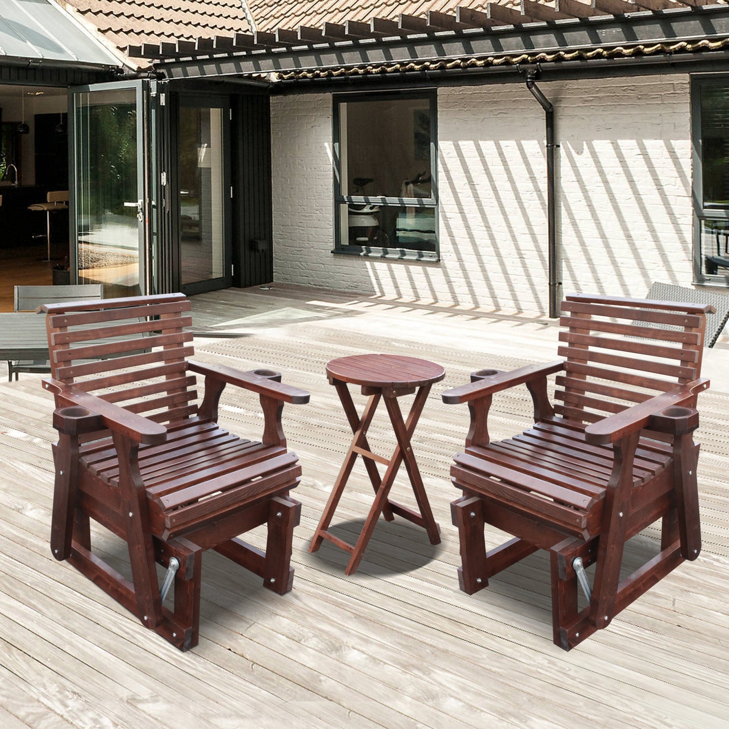 Outdoor Gliders-3 Piece Patio Furniture Set with Round Side Table, Dark Brown